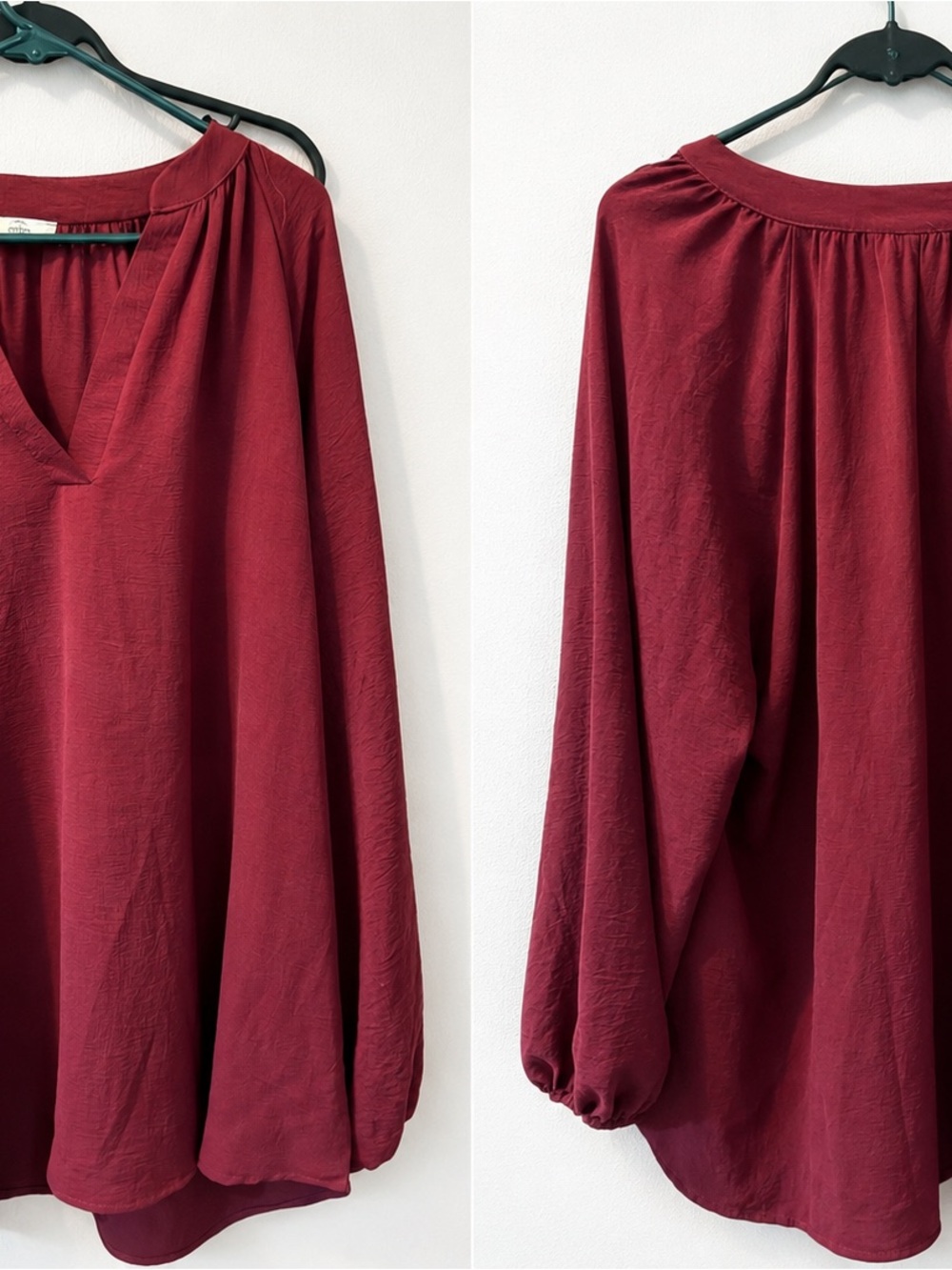 Entro Burgundy Balloon Sleeve Blouse Women’s 1X V-Neck Made in USA